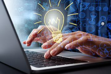 Fototapete - Strategic thinking and idea generation. Creative problem solving. Lightbulb illustration and business icons. Businessman using laptop computer to create innovative business models.