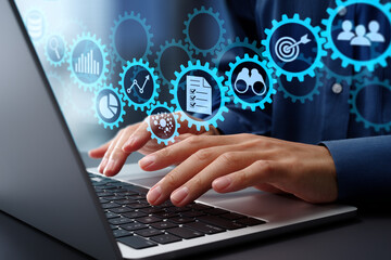 Poster - Business workflow automation and AI technology. Many gears and icons. Businessman using laptop computer for business process automation technology.