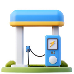 Poster - A compact modern looking electric vehicle charging station with a clean structured 3D design in shades of blue and yellow set amidst a natural grassy landscape