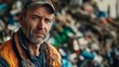 © IMAGINIAC - Portrait of a Muddy Faced Man in an Orange Vest Against a Garbage Dump