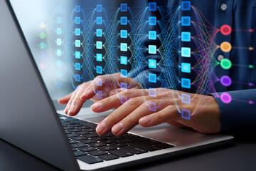 Poster - AI and deep learning. Neural network model and diagram. Businessman using laptop computer to train AI.