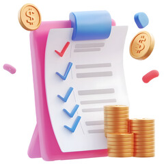 Poster - Close up of a financial planning document featuring a structured checklist and stacked gold coins symbolizing budgeting and financial management in a clean modern and organized design