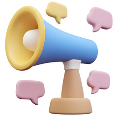 Poster - A simple clean 3D rendered design featuring a blue and white megaphone icon with bright floating speech bubbles symbolizing communication and announcements in a minimalistic style
