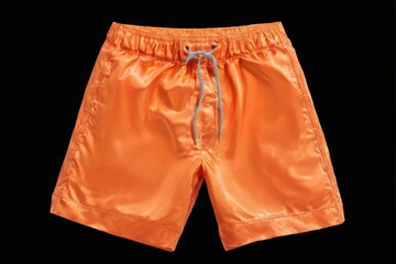 vibrant orange swim shorts in shiny satin material with drawstring waistband, silver drawstrings, an