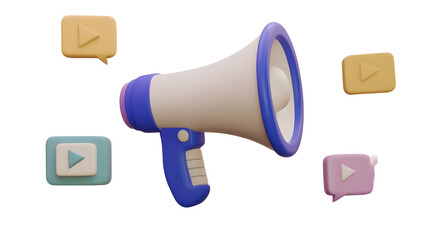 Poster - A 3D rendered blue and white megaphone with animated floating speech bubbles showcasing a clean minimalist design concept for modern digital communication and broadcasting