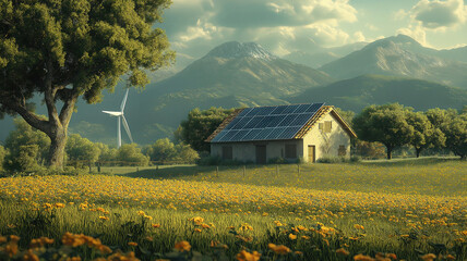 Wall Mural - solar panels and a wind turbine in the field promoting sustainable energy solutions