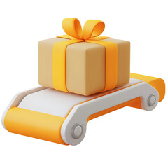 Poster - A 3D rendering of a securely packed beige gift box with a yellow ribbon being transported on a clean minimalist conveyor belt icon