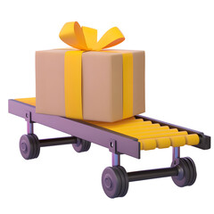 Poster - Detailed 3D render of a conveyor belt system moving a beige gift wrapped package with a bright yellow ribbon in a minimalist industrial design style