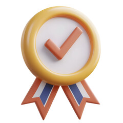 Fototapete - Stylized 3D of an award ribbon icon featuring a round certification style badge with a centered checkmark and elegant ribbon tails designed in a clean and modern UI style on a transparent background
