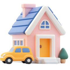 Fototapete - A compact colorful house with a small car parked beside it rendered in a minimalist three dimensional style as a simple stylized icon