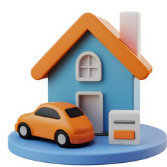 Fototapete - Minimalistic 3D rendered of a modern blue and orange house with a compact car parked in the driveway set against a transparent background