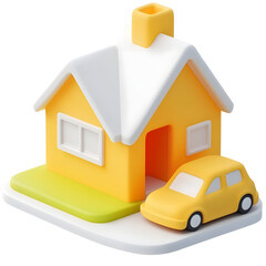 Poster - A clean geometric 3D rendering of a simple yellow and white modern house with a small car parked in the driveway set against a transparent background