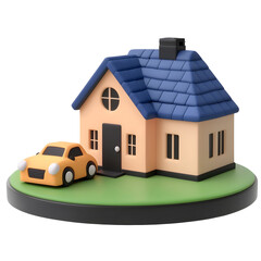Fototapete - Crisp and detailed 3D render of a simple geometric residential house with a parked car on a grassy lawn showcasing a minimalistic and clean design against a transparent background