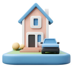 Fototapete - A clean modern 3D rendering of a minimalist geometric house design with a small vehicle parked in the front yard against a plain background