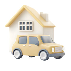 Fototapete - A modern minimalist 3D rendering of a charming residential home with a small yellow vehicle parked in the driveway showcasing an elegant and structured design