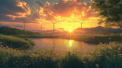 Poster - Sustainable energy with solar panels and wind turbines set in a lush green field at sunset