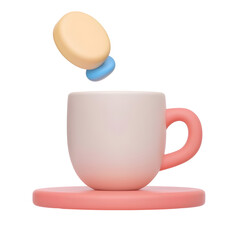 Poster - Visually striking 3D rendered icon of a modern pastel colored coffee mug with a minimalist balanced design and floating element showcasing a clean and elegant aesthetic for user interface branding