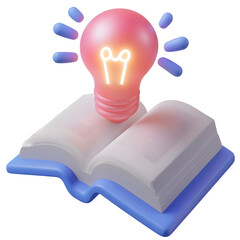 Fototapete - A minimalist 3D icon representing the concept of knowledge and an open book with a bright luminous light bulb hovering above conveying a modern and professional user interface design