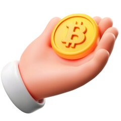 Aufkleber - Crisp and detailed 3D render of a financial transaction symbol displaying an extended hand with a floating Bitcoin cryptocurrency coin against a clean minimal and transparent background