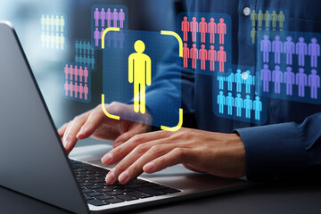 Aufkleber - Niche marketing and personalization. Marketing segmentation strategy and analysis. Marketer using laptop computer to analyze target customer data.