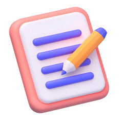 Leinwandbilder - A simple polished 3D rendered icon depicting a smooth structured paper document with horizontal text lines and a diagonally positioned pencil conveying the concept of writing education