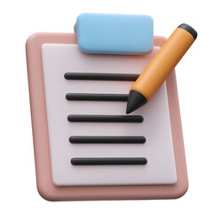 Poster - A 3D rendered digital contract icon with a neatly arranged document structured writing format and a diagonally placed sleek pencil creating an elegant and well balanced user interface concept