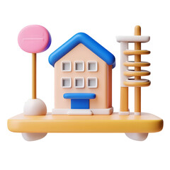 Aufkleber - A minimalist abstract 3D rendered icon depicting a stylized hotel building with clean architectural elements representing the hospitality industry