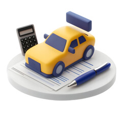 Fototapete - A minimalist 3D of an insurance related concept featuring a toy car model a calculator and a pen placed on a structured insurance document stack