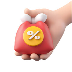 Poster - A human hand securely holding a polished red discount bag featuring a prominent yellow percent symbol representing special promotions and budget friendly deals