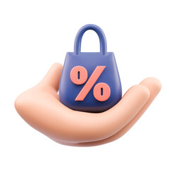 Aufkleber - Close up image of a hand grasping a smooth minimalist bag featuring a bold percentage symbol representing savings and discounts in a modern digital design