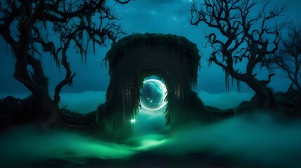 Wall Mural - A mystical portal glows vibrantly within a dark and haunting forest, surrounded by gnarled trees and swirling mist. The scene evokes a sense of mystery and otherworldliness