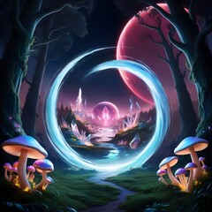 Wall Mural - A mystical landscape features glowing mushrooms in the foreground and a swirling blue portal that reveals a distant, ethereal scene beyond. A large pink planet looms overhead, adding a cosmic element 