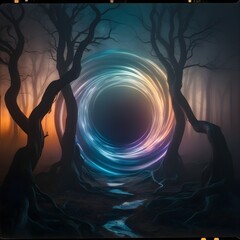 Wall Mural - Eerie, twisting trees surround a luminous, swirling portal of light in a foggy forest. The vibrant colors of the portal contrast with the dark, mysterious ambiance of the surroundings.