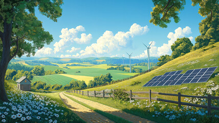 Wall Mural - lush green farm landscape with solar panels and wind turbines under a clear blue sky