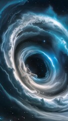 Wall Mural - A swirling vortex of blue and white creates an impression of a cosmic phenomenon, surrounded by stars in the dark depths of space. The intense motion and vibrant colors evoke a sense of mystery