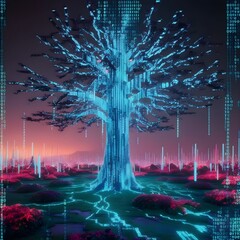Wall Mural - a glowing digital tree stands majestically against a vibrant, futuristic landscape, with blue circui