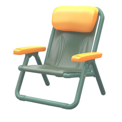 Poster - A minimalist 3D rendered green and yellow camp chair with an angled backrest and soft inviting fabric texture designed as a simple UI icon