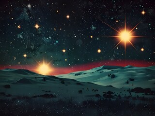 Wall Mural - A celestial landscape features a starry night sky with bright, glowing stars above rolling, snow-covered hills. The horizon is tinged with a reddish hue, suggesting a surreal, otherworldly scene.