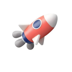 Poster - Stylized 3D rendering of a colorful toy rocket icon featuring a vibrant red body white accents and a glowing thruster conveying a sense of futuristic technology and space