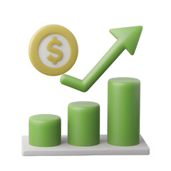 Aufkleber - A 3D rendered financial progress chart featuring green and yellow bars a rising trend arrow and a bold dollar coin icon representing business growth and economic success