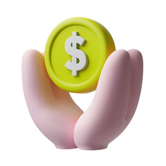 Poster - Stylized 3D icon depicting two hands in a caring protective pose around a floating dollar coin symbol representing financial security investment and wealth management