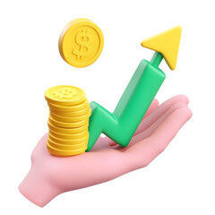 Aufkleber - A 3D rendering of a green and yellow bar chart showing an upward trend with stacked gold coins placed on an open hand symbolizing financial growth and successful investment