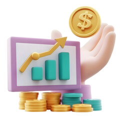 Aufkleber - An abstract 3D icon depicting the visualization of financial data including a bar chart dollar coins and a hand representing the analysis of business performance and growth