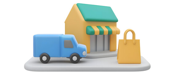 Leinwandbilder - Collection of 3D rendered e commerce icons including a delivery truck credit card store building and shopping bag in a modern structured UI design with a transparent background