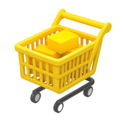 Poster - A vibrant yellow plastic shopping cart loaded with various grocery items representing the convenience and efficiency of modern retail experiences