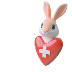 Poster - Cute minimalist of a cartoon rabbit character wearing a nurse outfit and holding a red heart shaped medical symbol or emblem