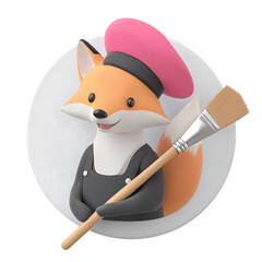 Fototapete - Whimsical of a cute and creative fox character dressed as an a beret and holding a paintbrush against a minimal clean and transparent background