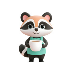 Poster - Cheerful raccoon character wearing a barista apron and holding a hot coffee cup illustrated in a modern minimalist style on a white transparent background