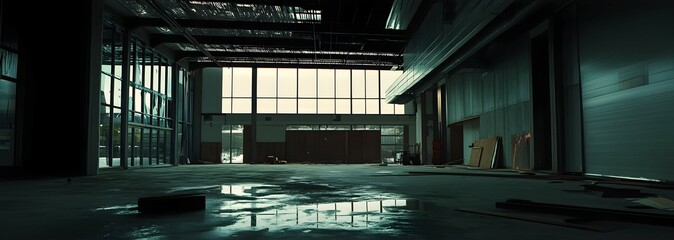 Poster - Unfinished concrete and steel framework of a standardized commercial building under dramatic cinematic lighting during the construction process