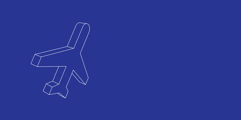 Poster - the outline of a large plane symbol made of white lines on the left. 3d view of the object in perspe